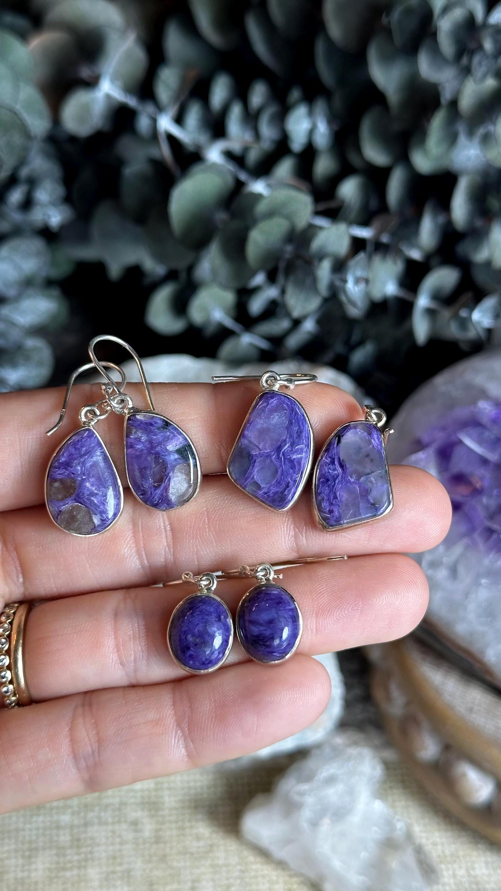 Charoite Dangle Earrings, .925 Sterling Silver
