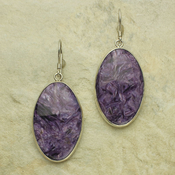 Charoite Dangle Earrings, Purple Charoite Wire Earrings, Sterling Silver Dangle Earrings, French Hooks
