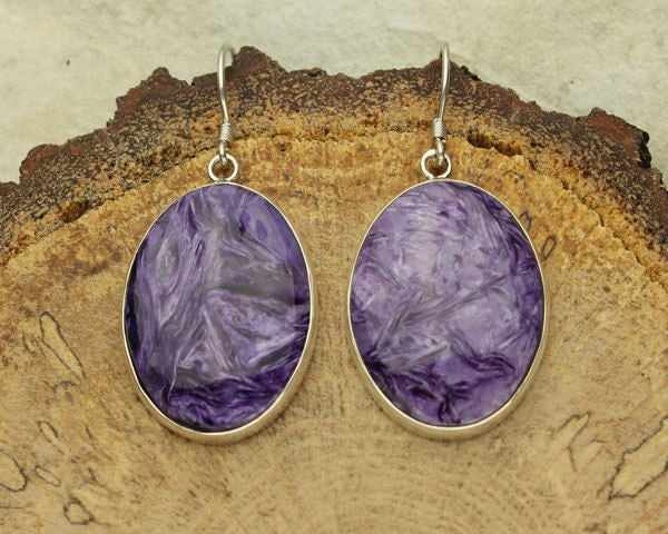 Charoite Dangle Earrings, Purple Charoite Wire Earrings, Sterling Silver Dangle Earrings, French Hooks