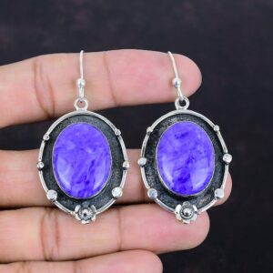 Charoite Drop Earrings: 925 Sterling Silver, Handmade Boho Jewelry