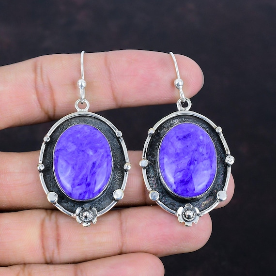 Charoite Drop Earrings: 925 Sterling Silver, Handmade Boho Jewelry