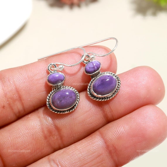 Exquisite Charoite Earrings: 925 Sterling Silver Drop Dangle Jewelry