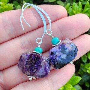 Charoite Gemstone Dangle Earrings Sterling Silver, Turquoise Gemstone Earrings, Purple and Blue Chunky Gemstone Earrings, Charoite Jewelry