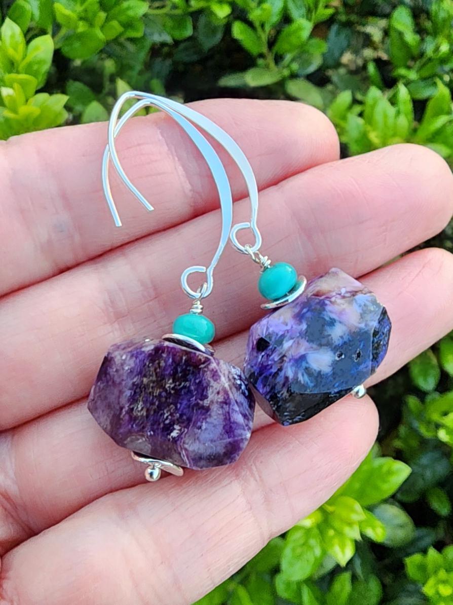 Charoite Gemstone Dangle Earrings Sterling Silver, Turquoise Gemstone Earrings, Purple And Blue Chunky Gemstone Earrings, Charoite Jewelry