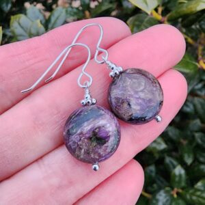 Charoite Gemstone Earrings Sterling Silver, Circle Shape Gemstone Dangle Earrings, Purple Black Gray Dangle Earrings, Russian Charoite
