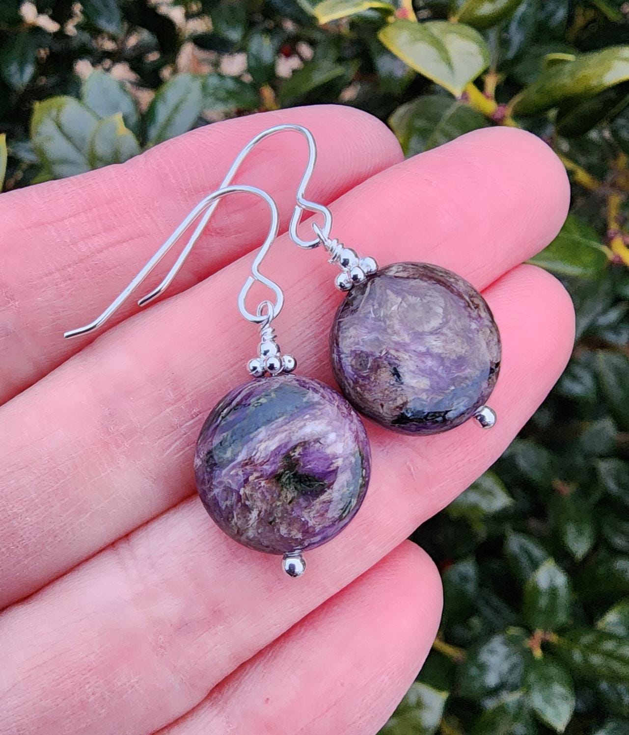 Charoite Gemstone Earrings Sterling Silver, Circle Shape Gemstone Dangle Earrings, Purple Black Gray Dangle Earrings, Russian Charoite Charoite Gemstone Earrings Sterling Silver, Circle Shape Gemstone Dangle Earrings, Purple Black Gray Dangle Earrings, Russian Charoite