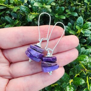 Charoite Gemstone Earrings Sterling Silver, Stacked Earrings, Purple Gemstone Earrings, Kidney Wire Gemstone Earrings, Charoite Jewelry