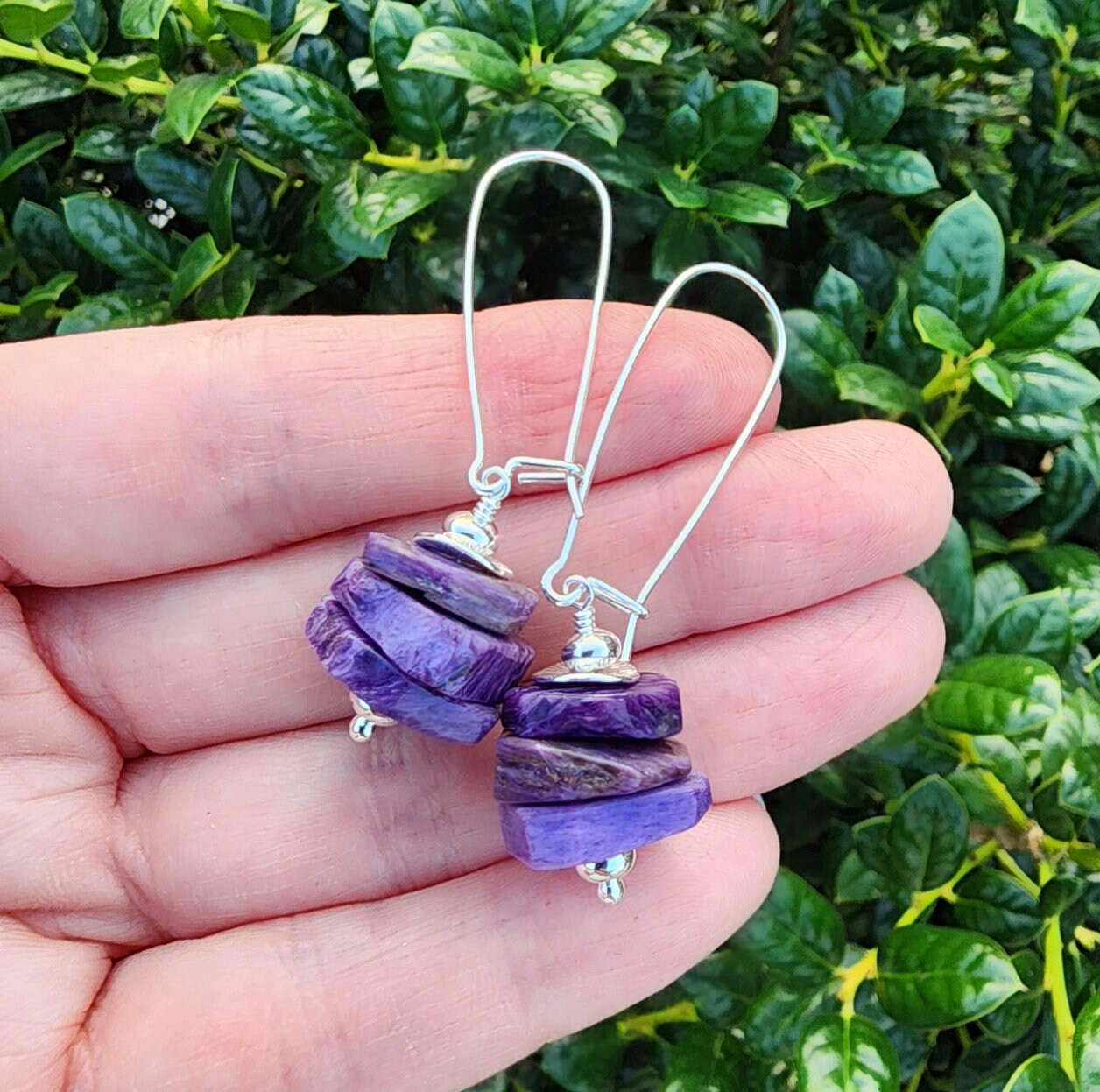 Charoite Gemstone Earrings Sterling Silver, Stacked Earrings, Purple Gemstone Earrings, Kidney Wire Gemstone Earrings, Charoite Jewelry Charoite Gemstone Earrings Sterling Silver, Stacked Earrings, Purple Gemstone Earrings, Kidney Wire Gemstone Earrings, Charoite Jewelry