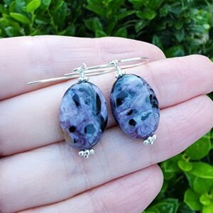 Charoite Gemstone Earrings Sterling Silver, Oval Shape Gemstone Dangle Earrings, Purple and Black Earrings, Russian Charoite Jewelry