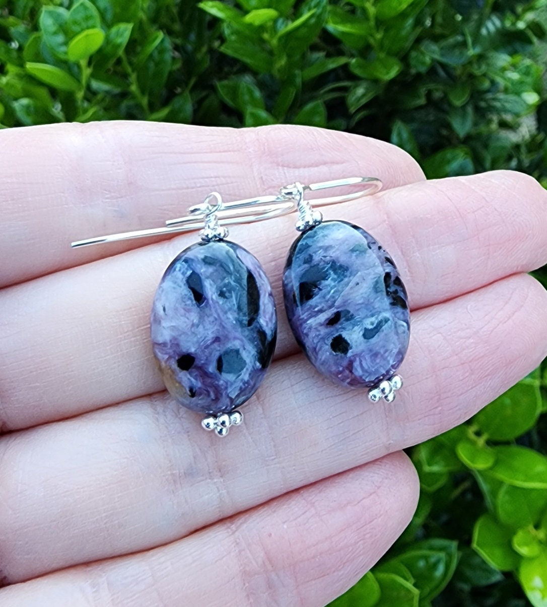Charoite Gemstone Earrings Sterling Silver, Oval Shape Gemstone Dangle Earrings, Purple And Black Earrings, Russian Charoite Jewelry Charoite Gemstone Earrings Sterling Silver, Oval Shape Gemstone Dangle Earrings, Purple And Black Earrings, Russian Charoite Jewelry