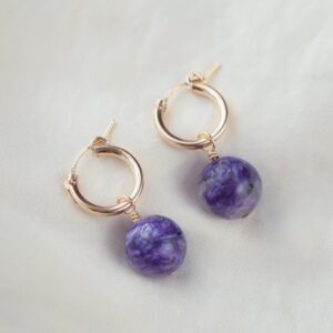 Charoite gold filled hoops, genuine Charoite hoop earrings, Charoite Earrings, gold hoops with Charoite, Charoite gift