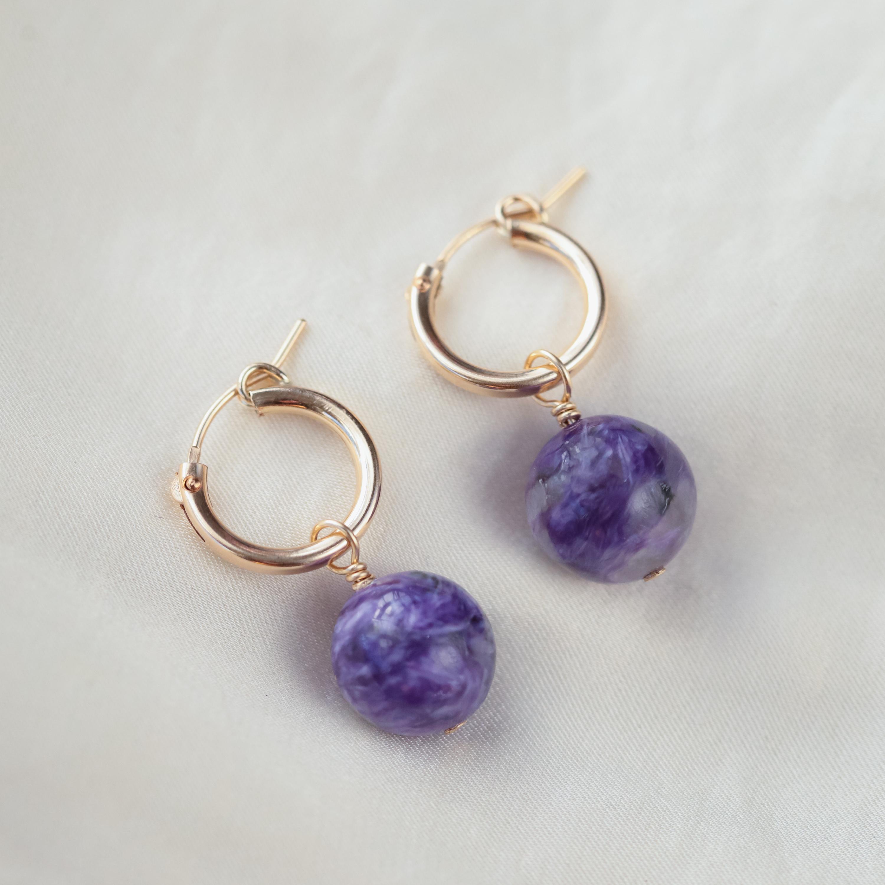 Charoite Gold Filled Hoops, Genuine Charoite Hoop Earrings, Charoite Earrings, Gold Hoops With Charoite, Charoite Gift Charoite Gold Filled Hoops, Genuine Charoite Hoop Earrings, Charoite Earrings, Gold Hoops With Charoite, Charoite Gift