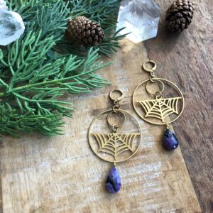Hammered Brass Earrings With Spiderwebs And Cherolite