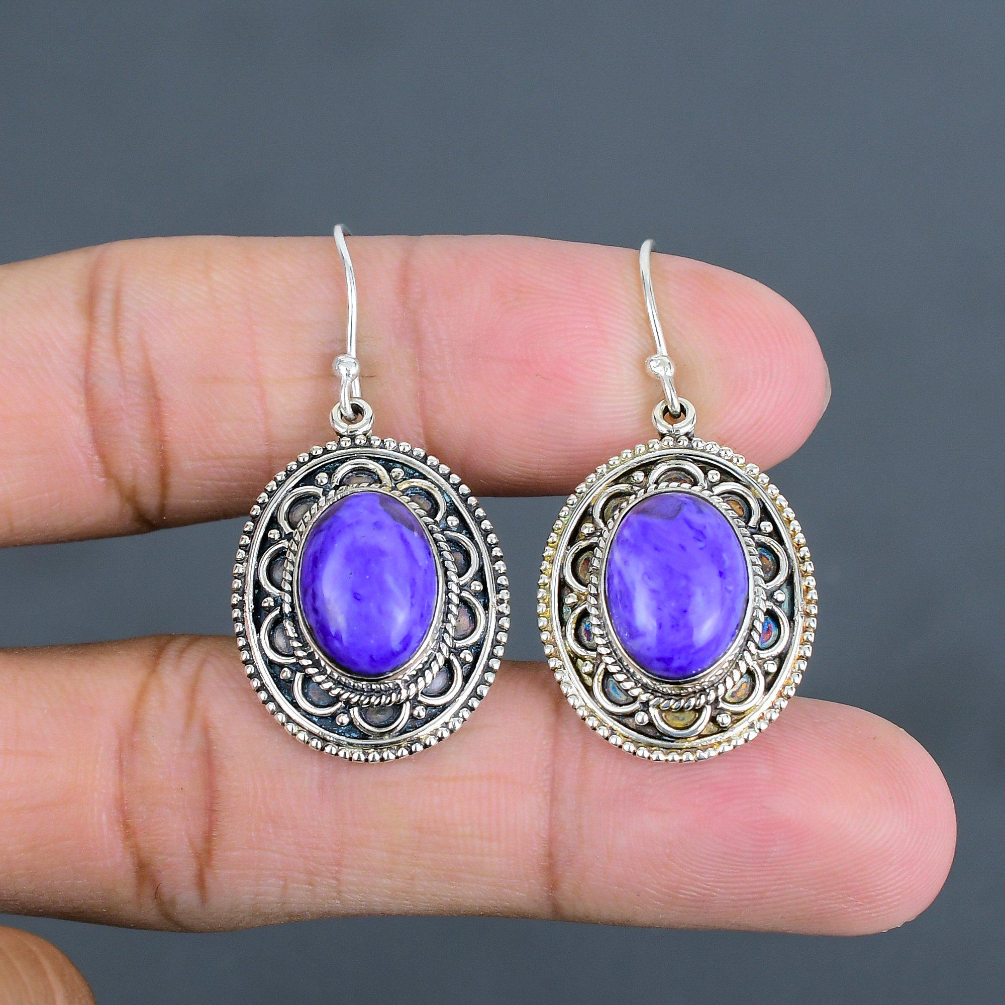 Charoite Earrings: Handmade 925 Sterling Silver Drop Earrings