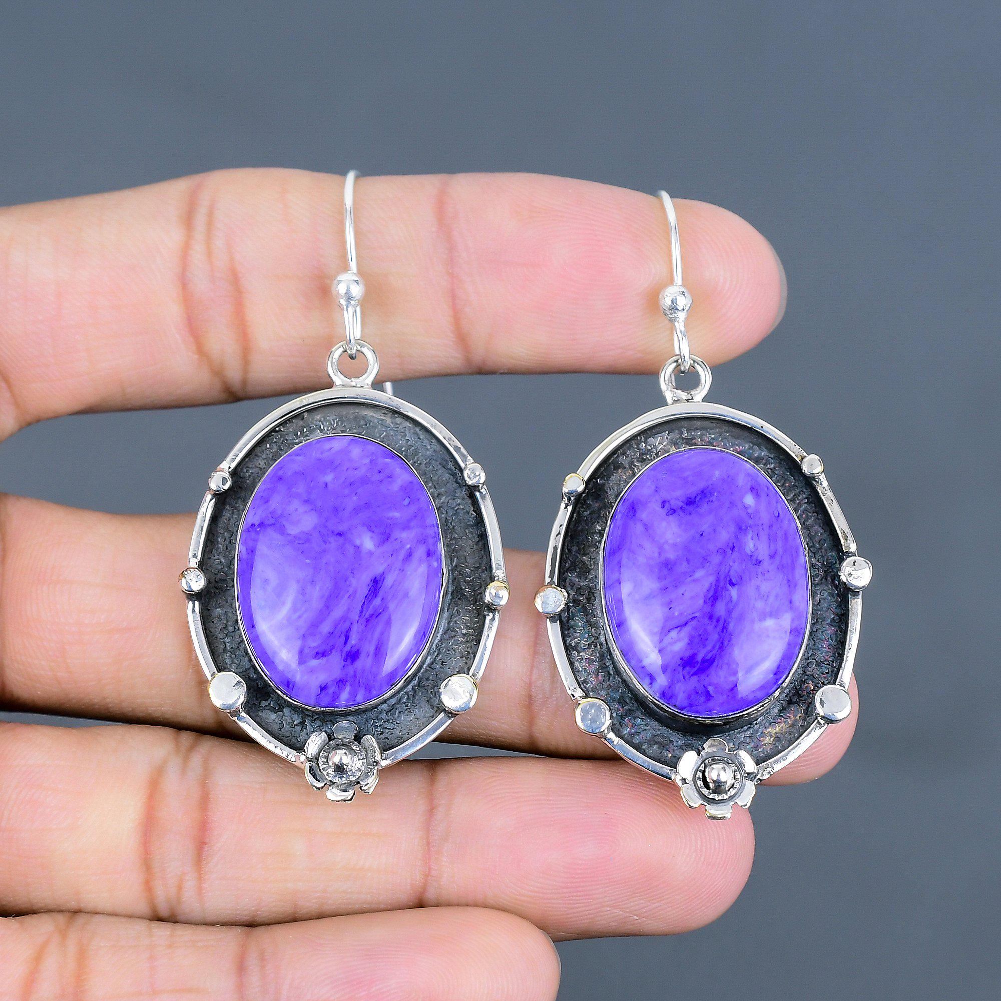 Handmade Charoite Earrings: 925 Sterling Silver Dangle Jewelry