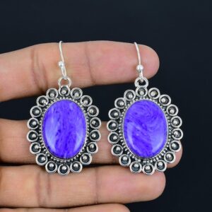 Handmade Charoite Earrings: 925 Sterling Silver Vintage Gemstone Jewelry