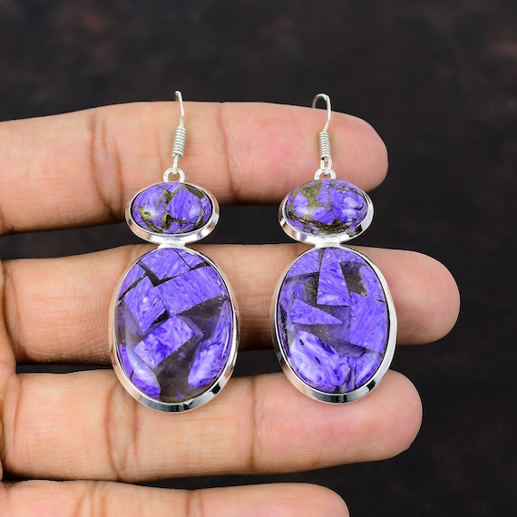 Handmade Copper Charoite 925 Sterling Silver Earrings