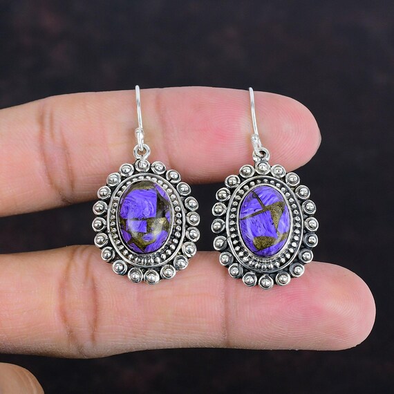 Handmade Copper Charoite 925 Sterling Silver Earrings: Vintage Gemstone Jewelry