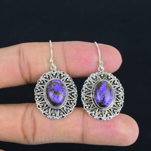 Handmade Copper Charoite Earrings: Vintage 925 Sterling Silver Jewelry