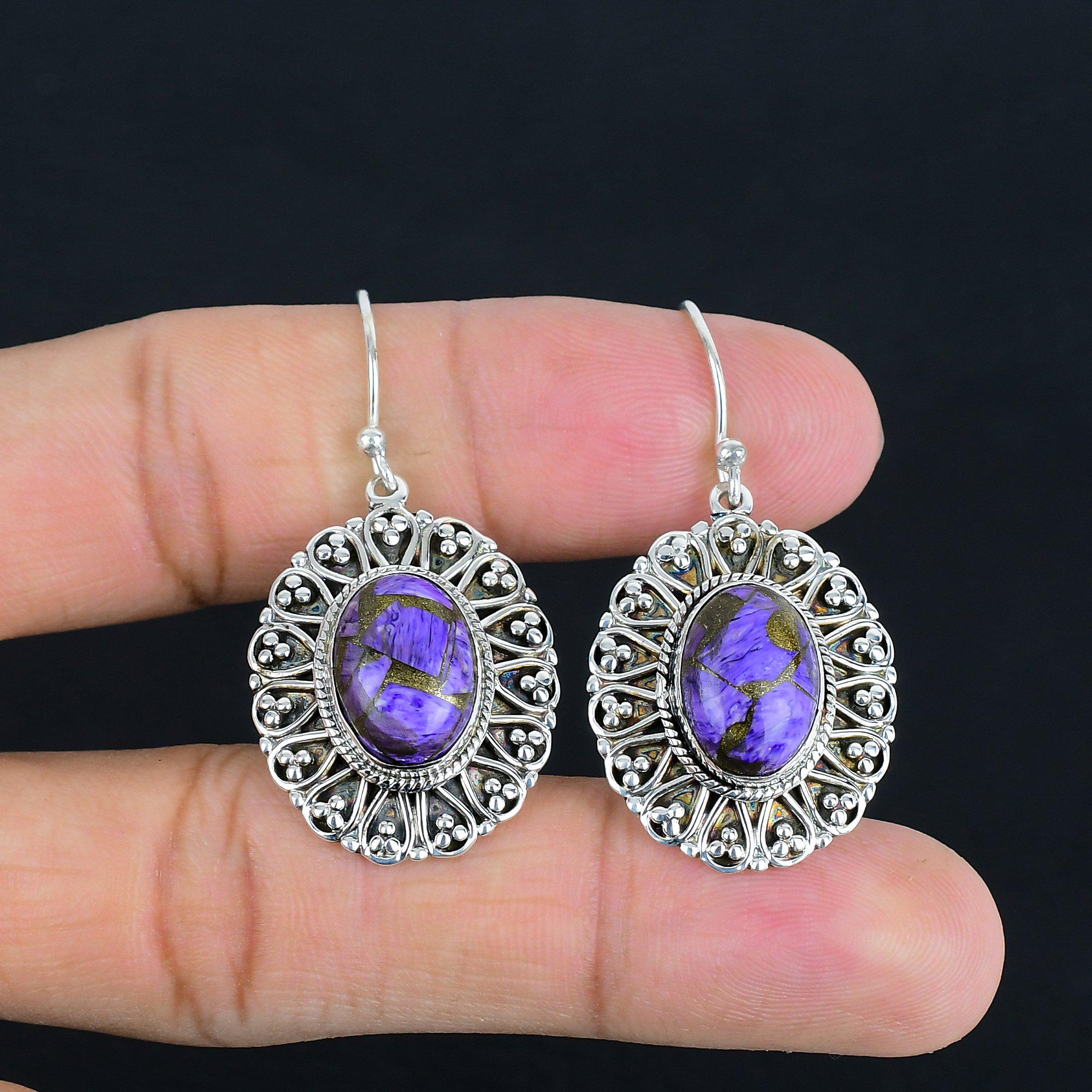 Handmade Copper Charoite Earrings: Vintage 925 Sterling Silver Jewelry