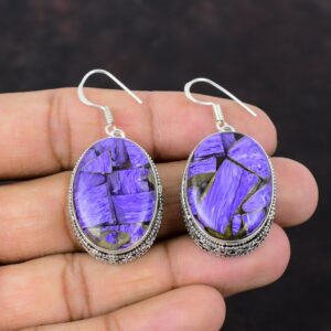 Handmade Copper Charoite Earrings: Vintage 925 Sterling Silver Jewelry