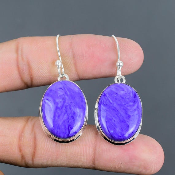 Handmade Charoite Dangle Earrings: 925 Sterling Silver Gemstone Jewelry