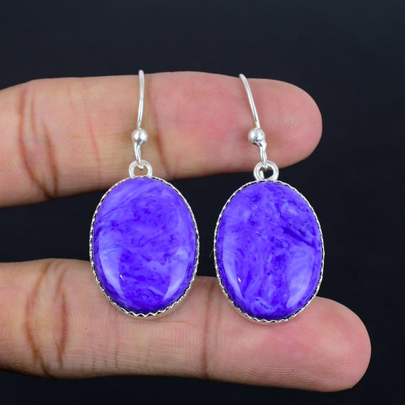 Handmade Charoite Drop Earrings: 925 Sterling Silver Dangle Jewelry