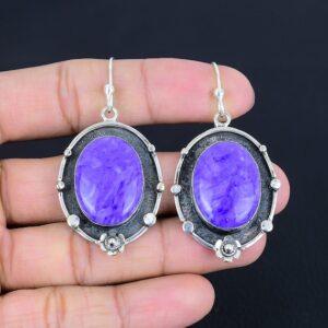 Handmade Charoite Drop Earrings: 925 Sterling Silver Gemstone Jewelry