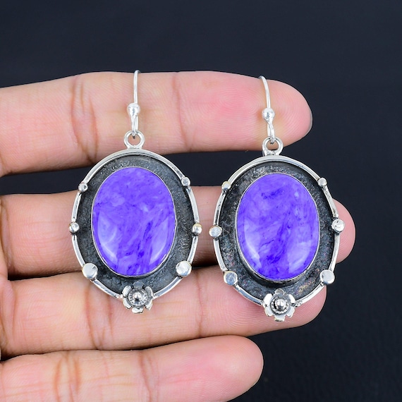 Handmade Charoite Drop Earrings: 925 Sterling Silver Gemstone Jewelry