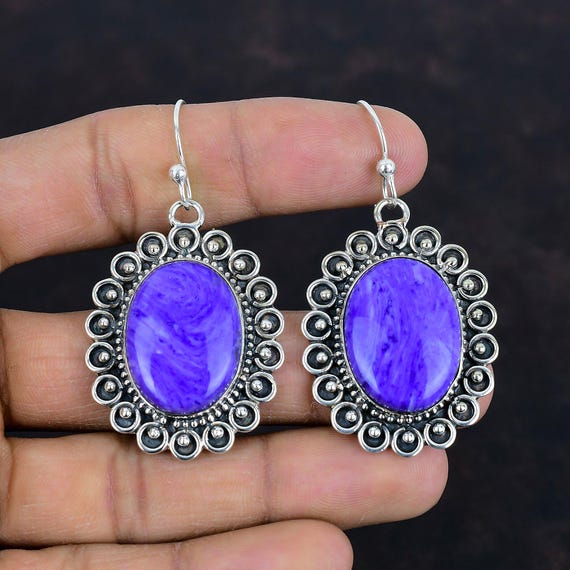 Handmade Charoite Gemstone Earrings: 925 Sterling Silver, Elegant Jewelry