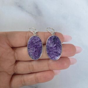 Charoite Leverback Earring / 925 Sterling Silver / Healing Gemstone / Gifts For Her / Oval Cab / Natural Stone / Statement Earring Chr-e-1.