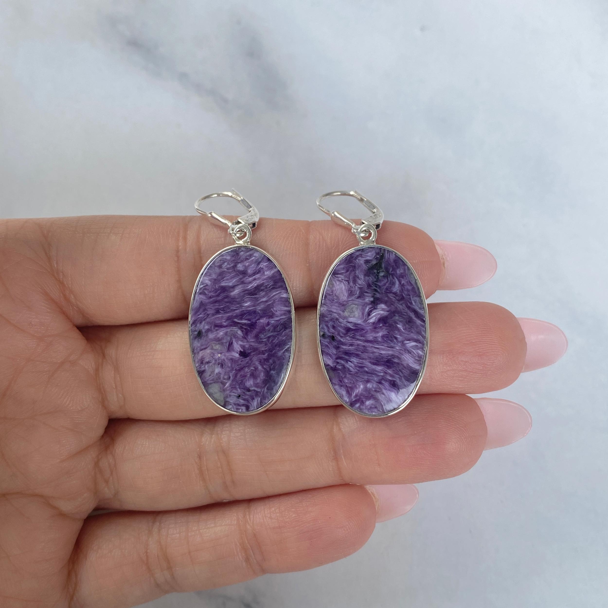 Charoite Leverback Earring / 925 Sterling Silver / Healing Gemstone / Gifts For Her / Oval Cab / Natural Stone / Statement Earring Chr-e-1.