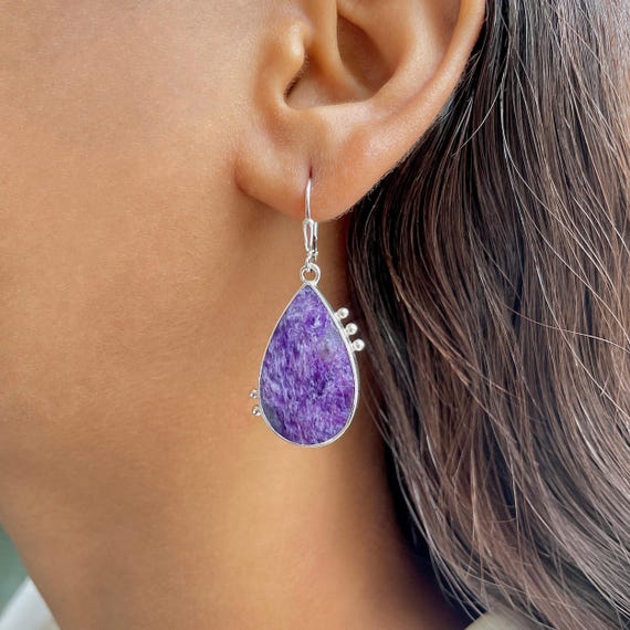Charoite Leverback Earring / 925 Sterling Silver / Healing Gemstone / Gift For Her / Pear Cab / Natural Stone / Statement Earring Chr-e-43.