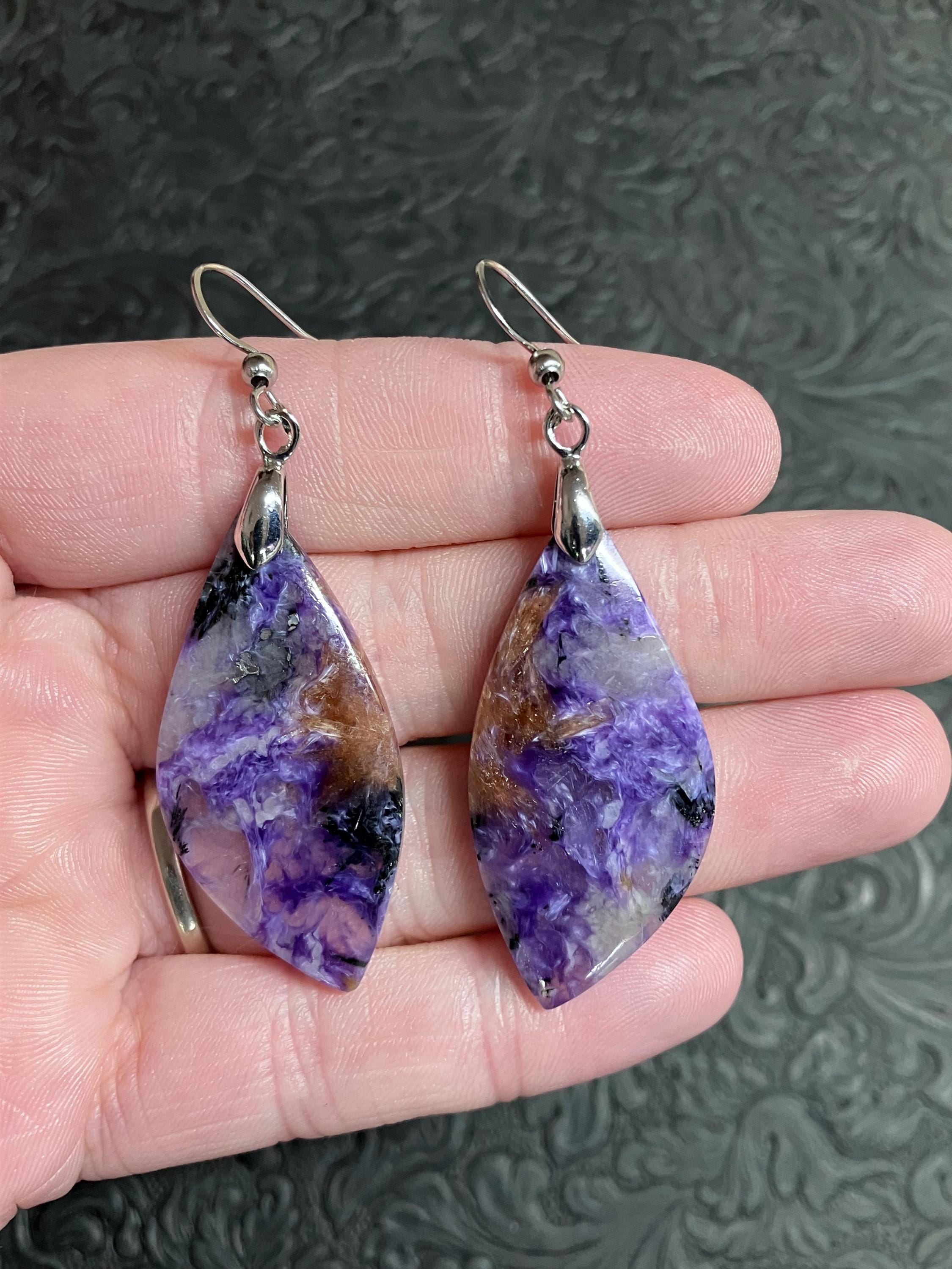 Natural Aegirine And Tinaksite Charoite Gemstone Earrings