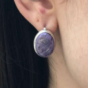 Charoite Earrings, Natural Charoite Studs, Purple Gem Earrings, Oval Charoite Studs, Bezel Earrings, Solid Silver Earrings, Adina Stone