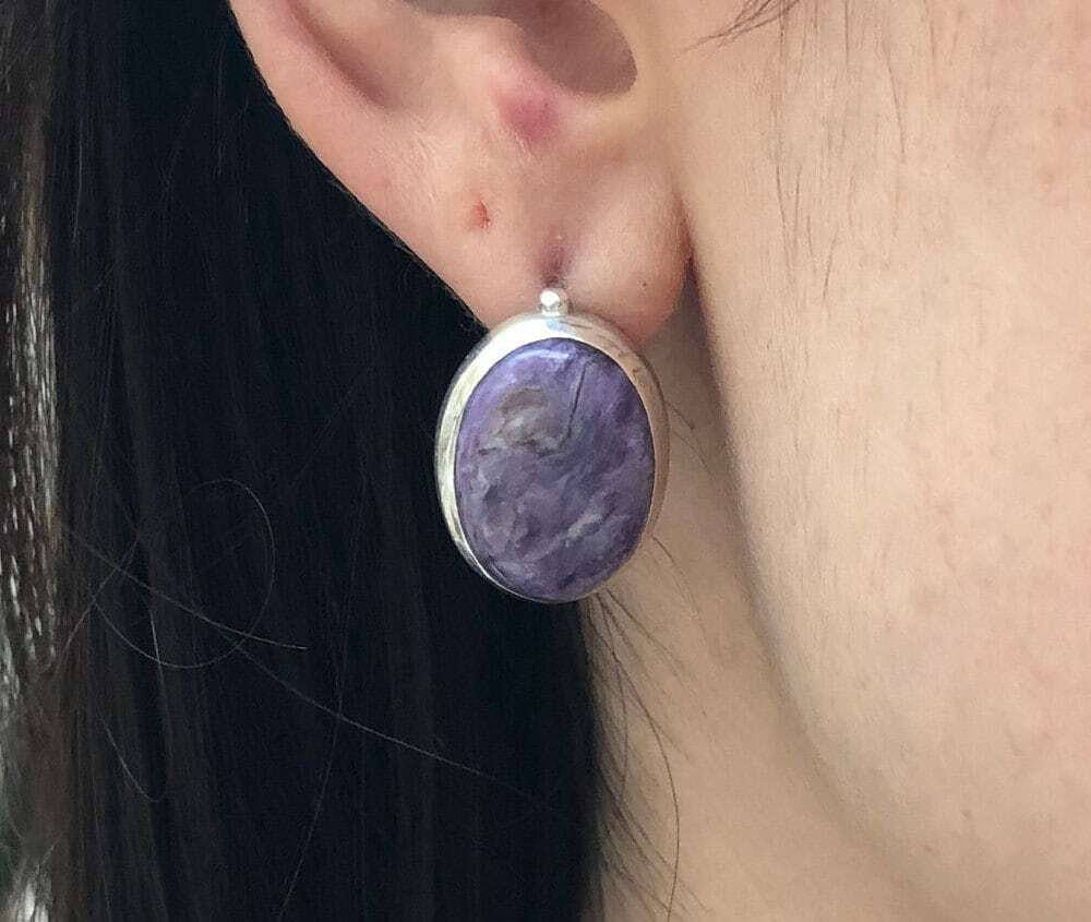 Charoite Earrings, Natural Charoite Studs, Purple Gem Earrings, Oval Charoite Studs, Bezel Earrings, Solid Silver Earrings, Adina Stone