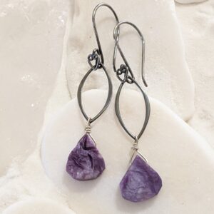 Oxidized Sterling Silver and Charoite Earrings