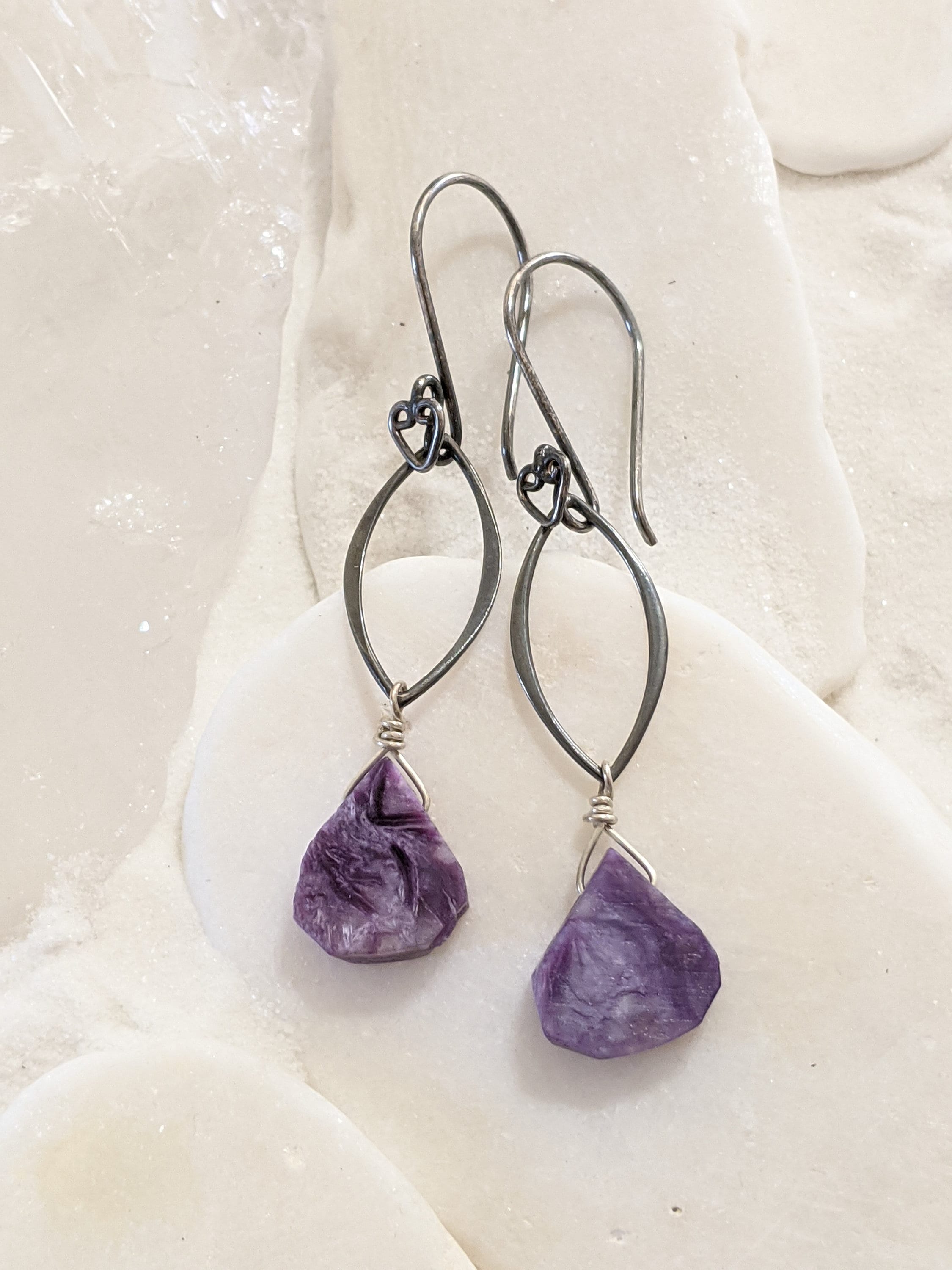 Oxidized Sterling Silver And Charoite Earrings