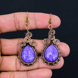 Charoite Earrings, Pure Copper Wire Wrapped Earrings, Charoite Gemstone Handmade Jewelry, Dangle Earrings, Gifts For Mom, Gifts For Wife