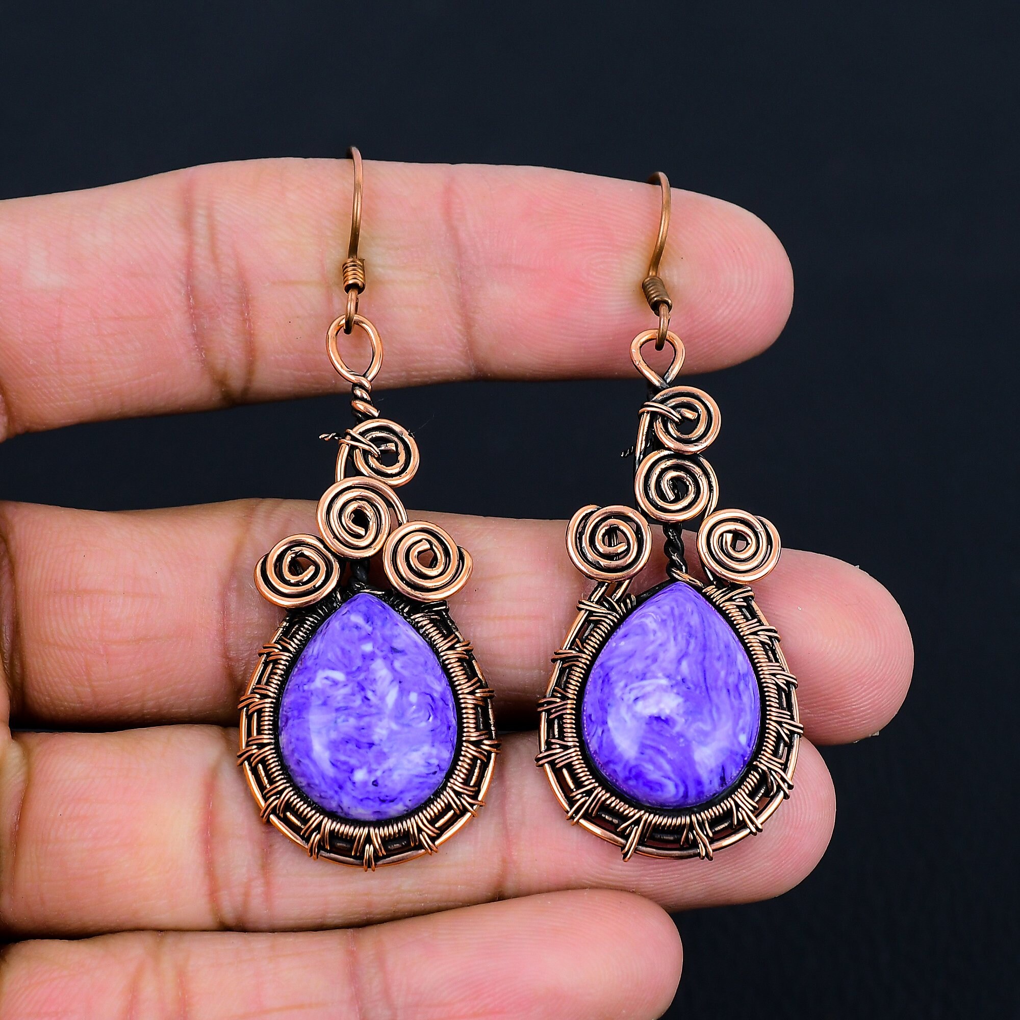Charoite Earrings, Pure Copper Wire Wrapped Earrings, Charoite Gemstone Handmade Jewelry, Dangle Earrings, Gifts For Mom, Gifts For Wife