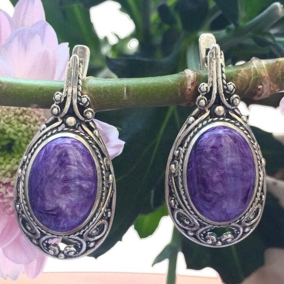 Charoite Earrings, Purple Earrings, Antique Earrings, Artistic Earrings, Scorpio Earrings, Vintage Earrings, Solid Silver Earrings, Charoite Charoite Earrings, Purple Earrings, Antique Earrings, Artistic Earrings, Scorpio Earrings, Vintage Earrings, Solid Silver Earrings, Charoite