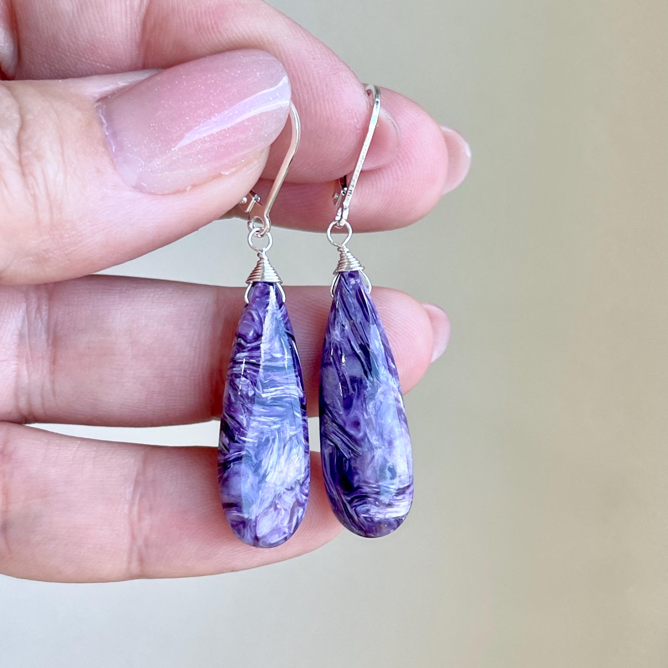 Purple Charoite Earrings, December Birthstone, Violet Pattern Charoite Earrings In Silver, Elongated Teardrop Earrings, Lilac Gift For Her