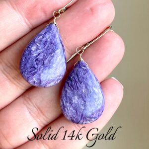 Purple Charoite Earrings, Deep Violet Teardrop Earrings in Genuine Solid 14k Gold, Elongated Smooth Earrings, Real Gold Lilac Gift for her