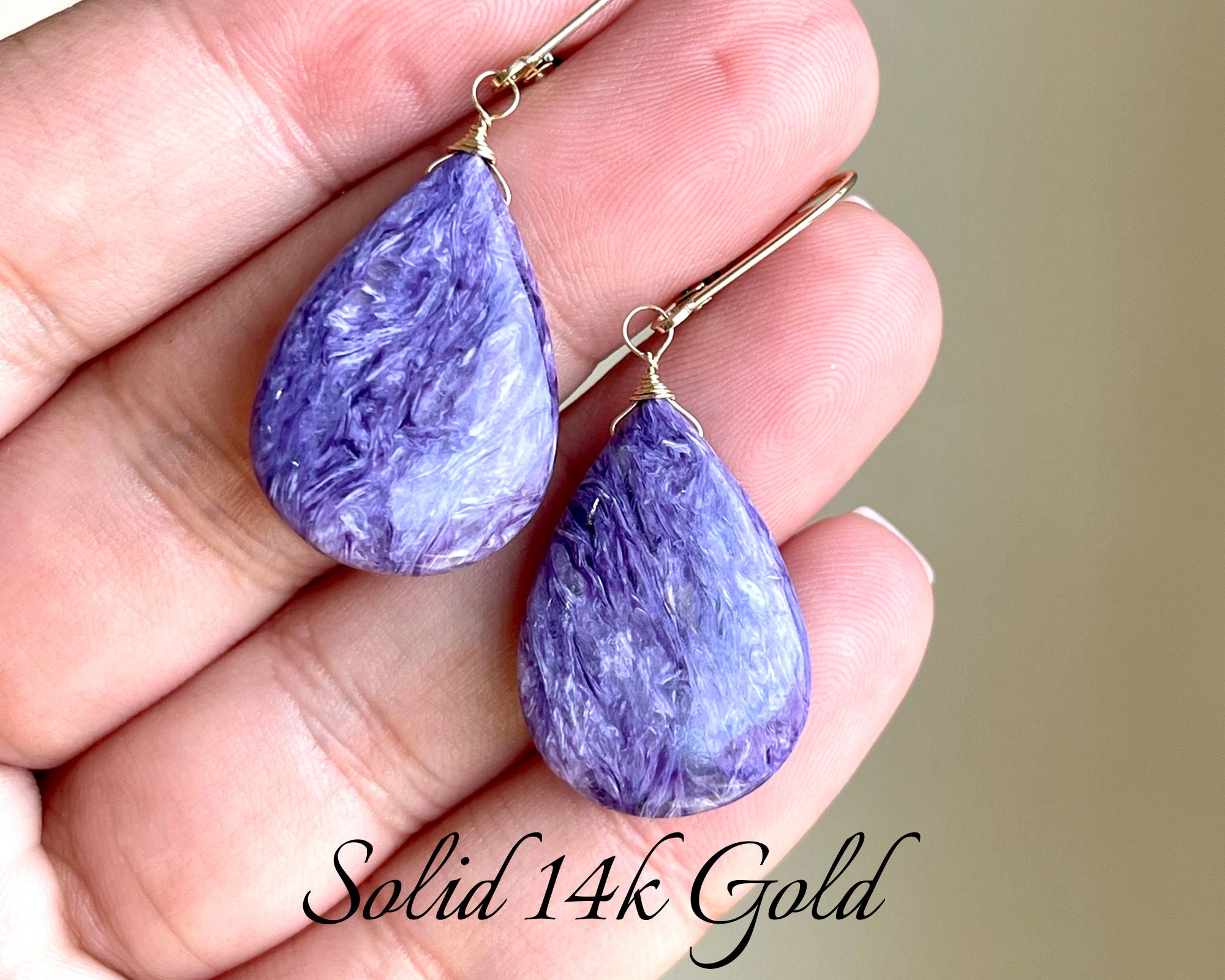 Purple Charoite Earrings, Deep Violet Teardrop Earrings In Genuine Solid 14k Gold, Elongated Smooth Earrings, Real Gold Lilac Gift For Her