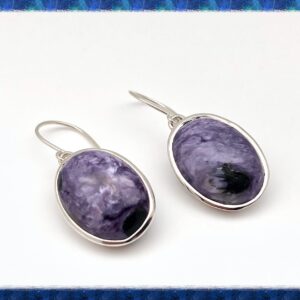 Charoite Silver Earrings - Simple Oval Setting - Purple Charoite Earrings