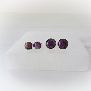 Charoite Earrings Sterling Silver • Gemstone Stud Earrings • Round Gemstone Earrings • Silver Charoite Stud Earrings • Affordable Gift