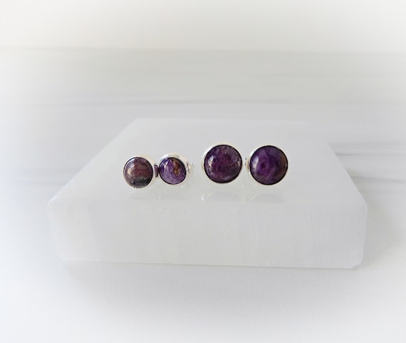 Charoite Earrings Sterling Silver • Gemstone Stud Earrings • Round Gemstone Earrings • Silver Charoite Stud Earrings • Affordable Gift