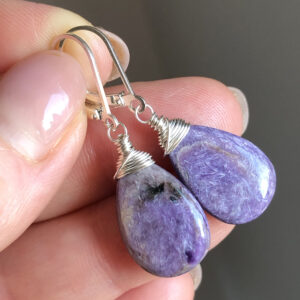 Charoite Earrings Sterling Silver wire wrap purple natural gemstone boho statement bold dangle drops holiday birthday gift for women 7200