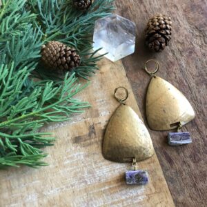 Vintage Hammered Brass Shield Earrings With Cherolite