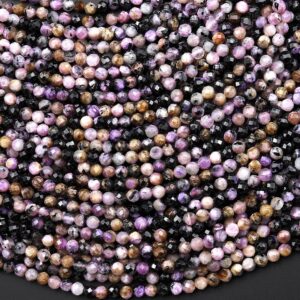 Faceted Real Natural Russian Purple Charoite Black Aegirine Matrix 3mm Round Beads Gemstone 15.5" Strand